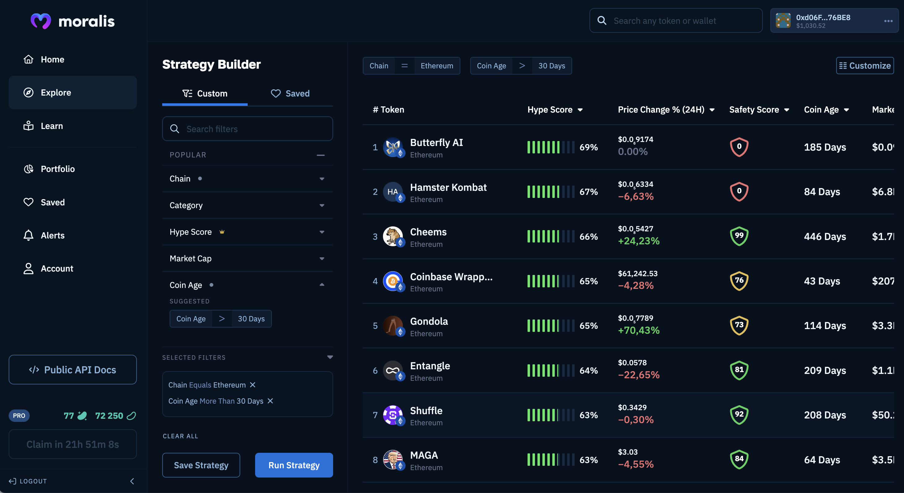 Moralis coin age filter results.