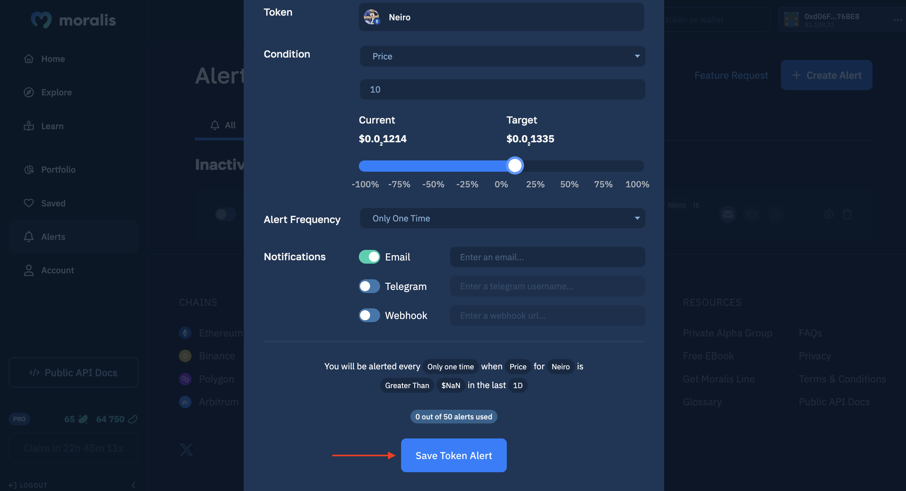 Red arrow pointing at "Save Token Alert"