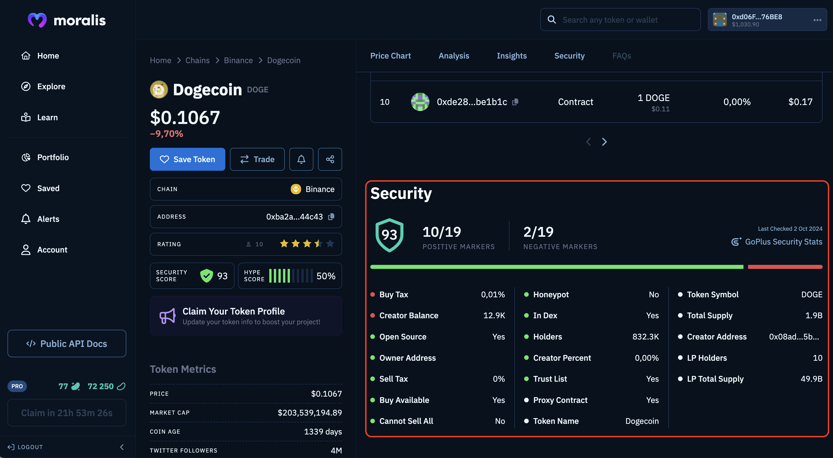 Security section on token page.