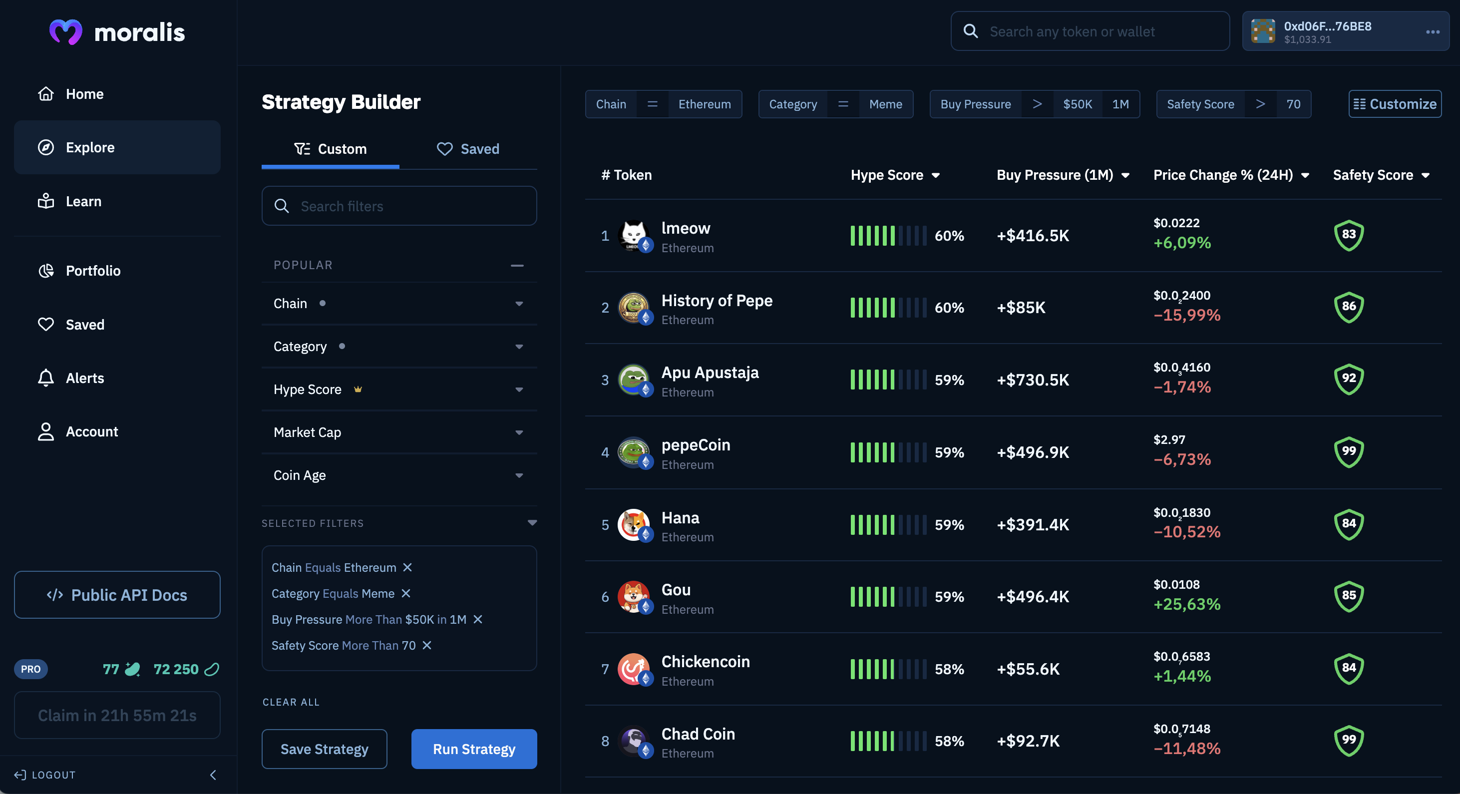 Token Explorer search results.