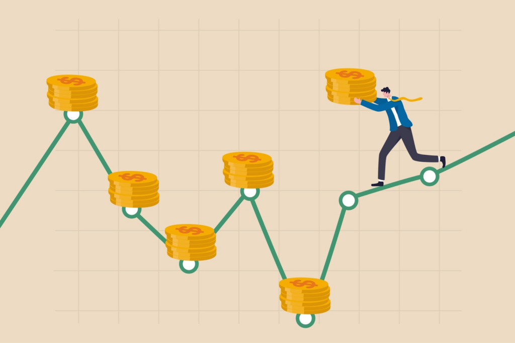 Dollar-Cost Averaging Trading Strategy Illustration - Man Placing Various Amounts on Different Dates