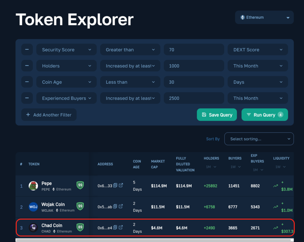 Showing Chad Coin Crypto On-Chain Data 