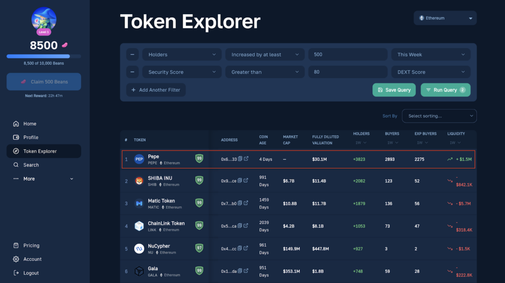 The PEPE Token Price Data on Moralis Token Explorer