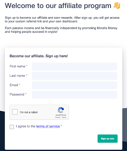 Landing Page Showing How to Sign Up to Moralis Affiliate Marketing Crypto Program