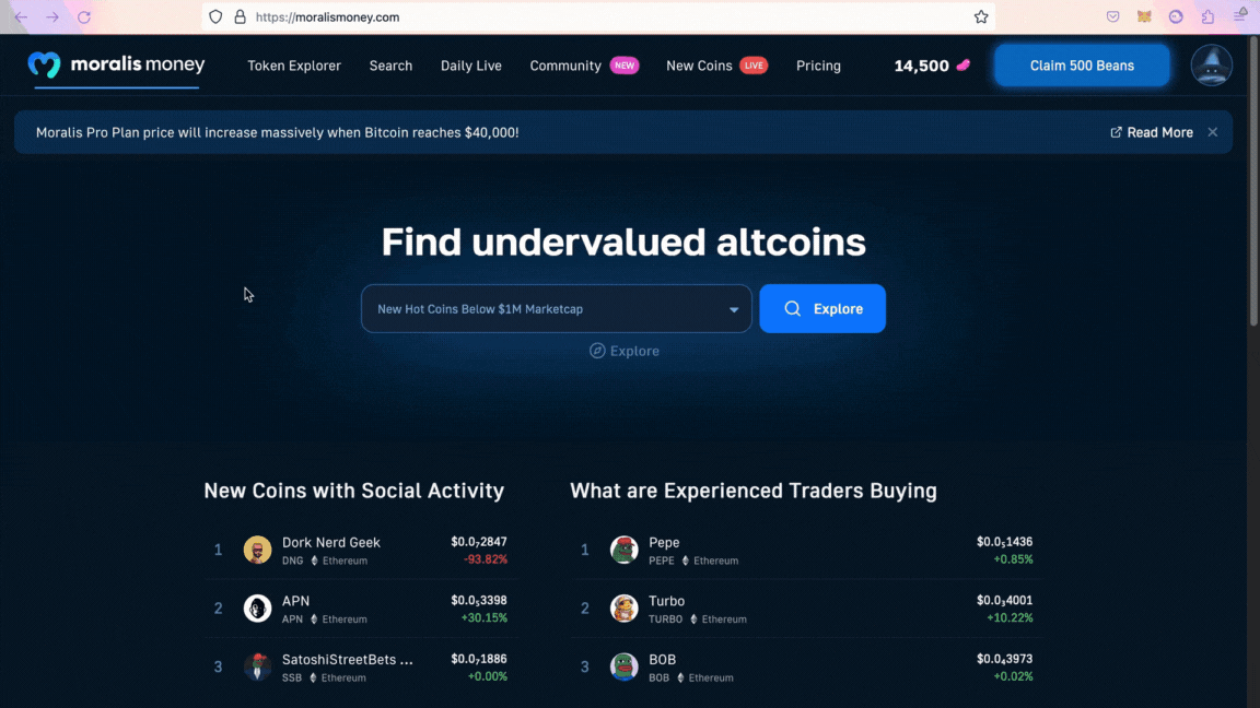 GIF illustrating how to use Moralis Token Explorer on-chain analysis tool to find new cryptocurrency