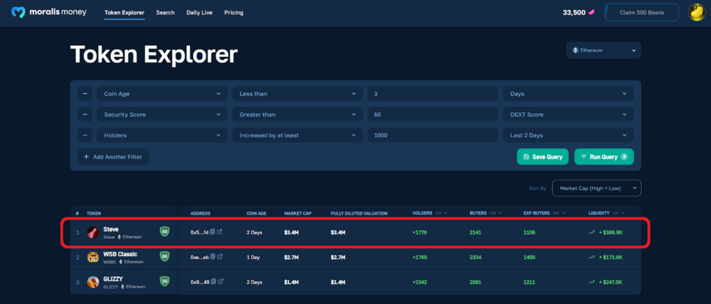 STEVE token on-chain data table from Moralis