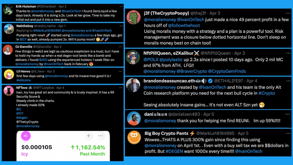 Twitter testimonials from users who have made profits using Moralis crypto signals