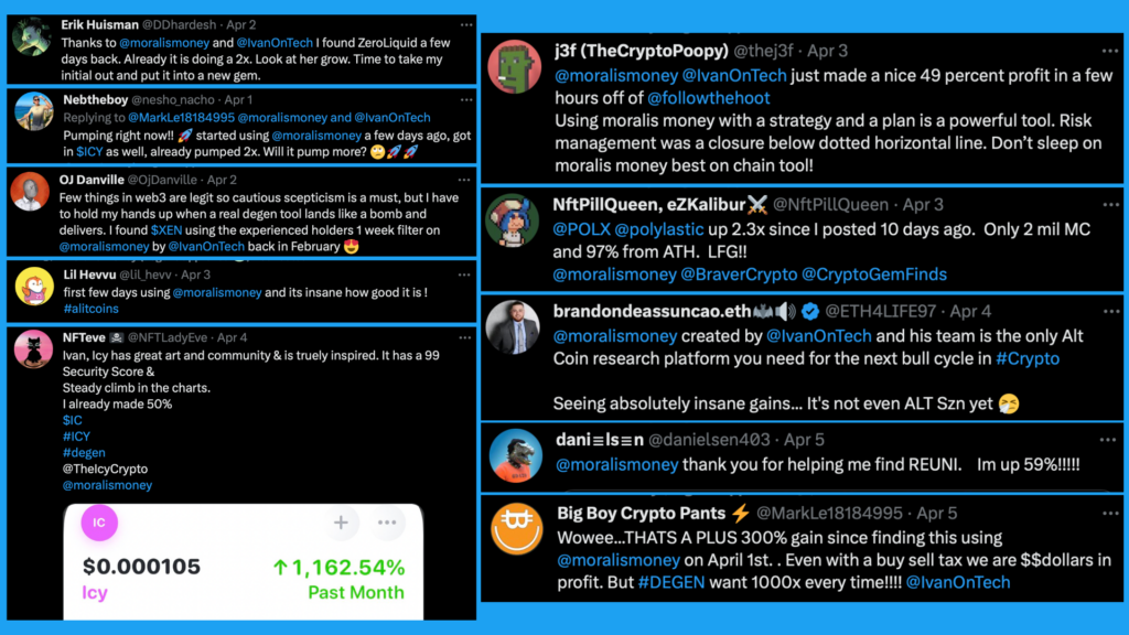 Twitter Testimonials of Moralis Users Making Money in a Crypto Bear Market