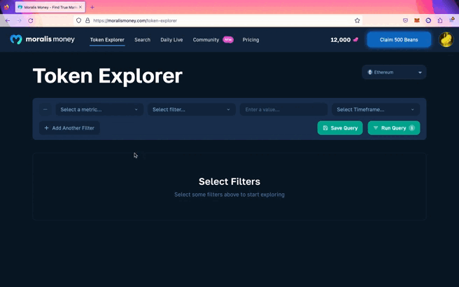 GIF - Setting the Coin Age and Market Cap filters in Moralis token explorer to start our 1000x crypto search