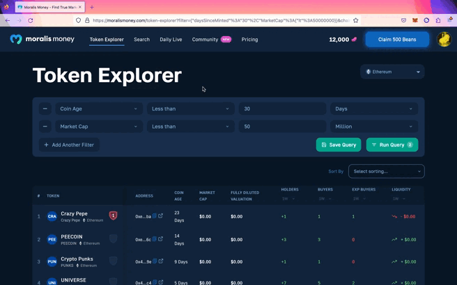 GIF - Adding the Liquidity, Holders, and Experienced Buyers filters in Moralis Token Explorer to find the next 1000x crypto