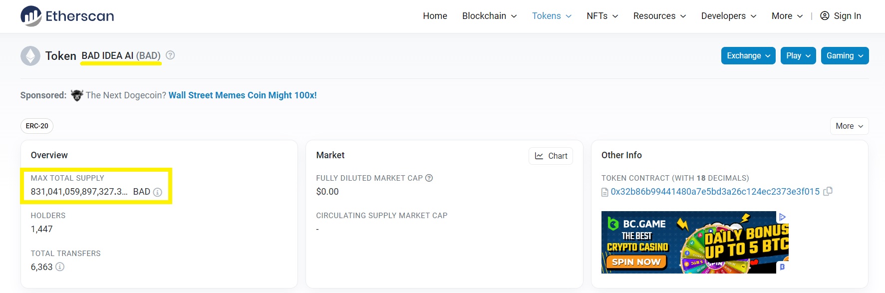 Bad-Idea-AI-crypto-BAD-Token-on-Etherscan
