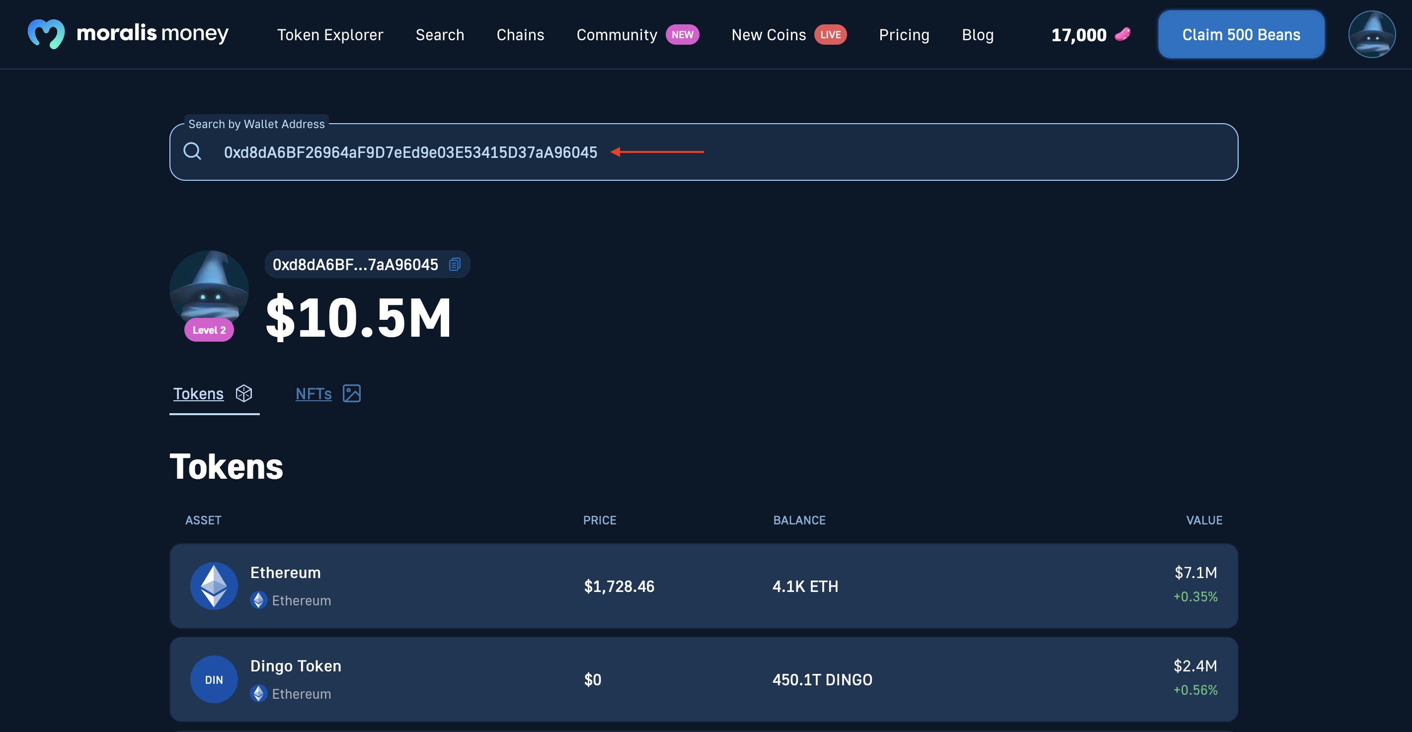 Illustration of how to search and monitor a crypto portfolio using Moralis