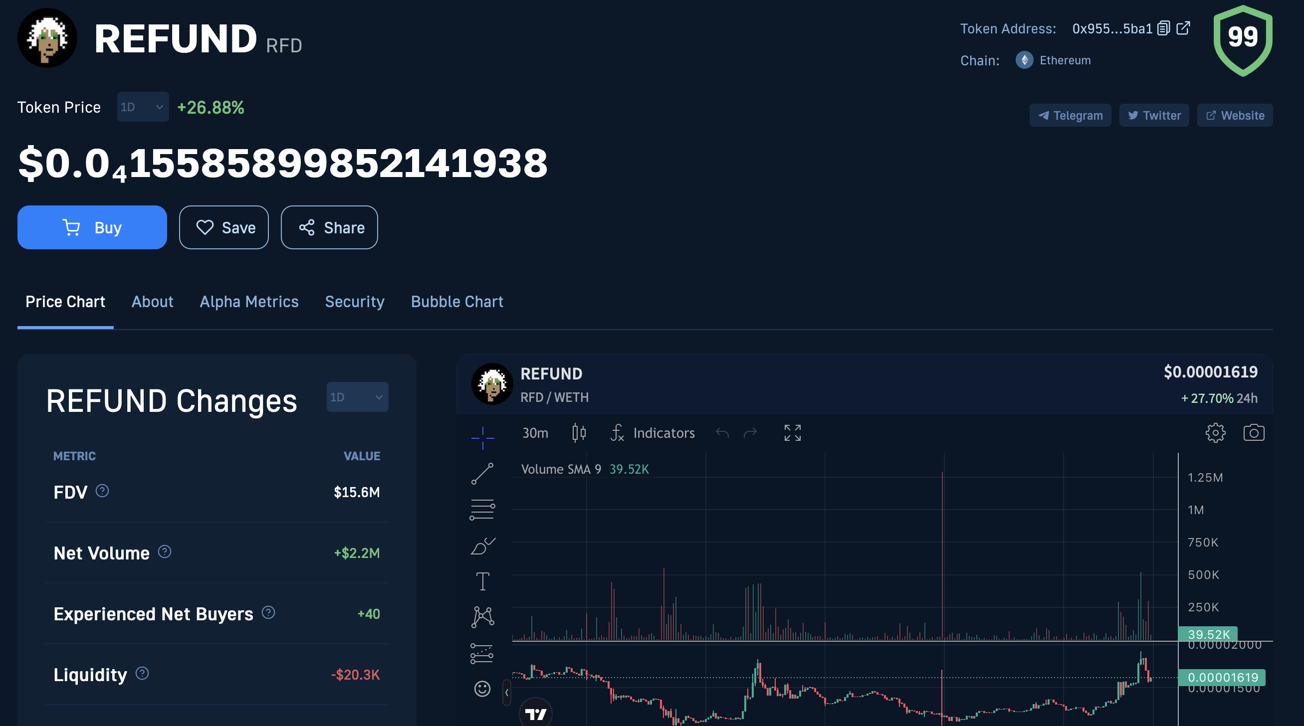 Moralis Crypto Trading Tool Showing Cryptocurrency Tokenomics Data for the REFUND Token