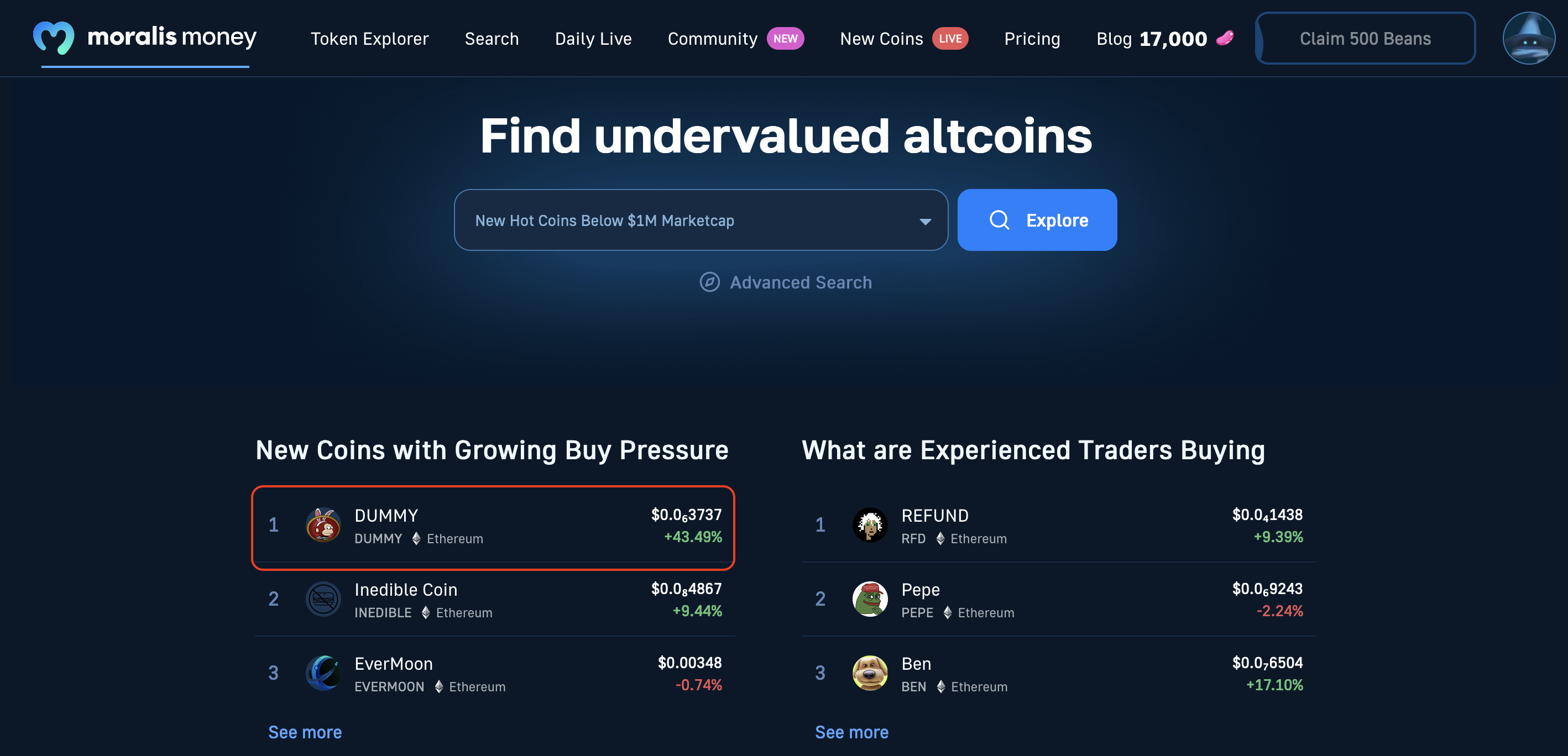 The DUMMY Token Price Table