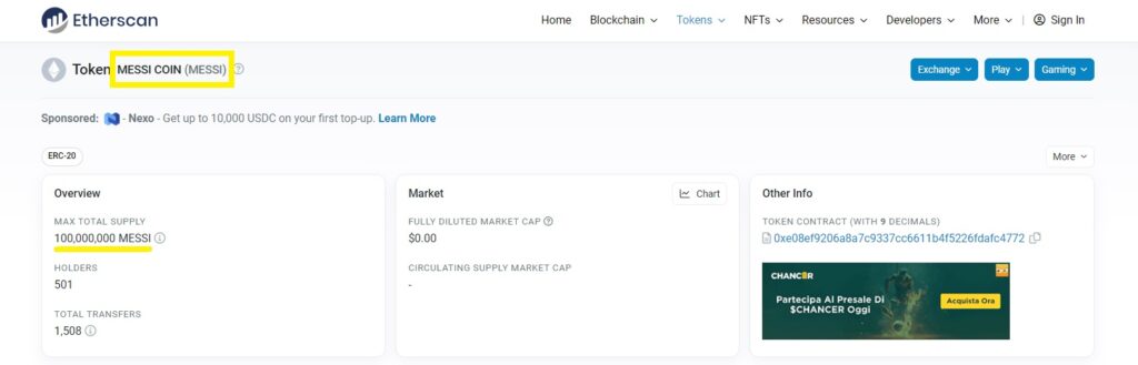 Messi-Coin-ERC20-token-on-Etherscan
