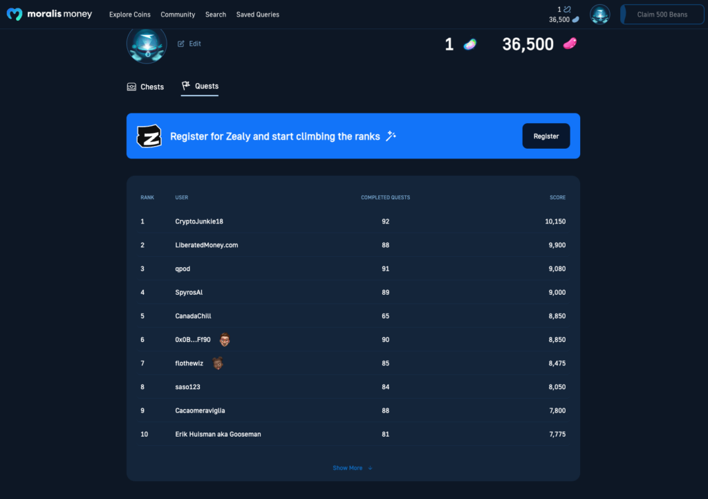 Moralis Beans Leaderboard