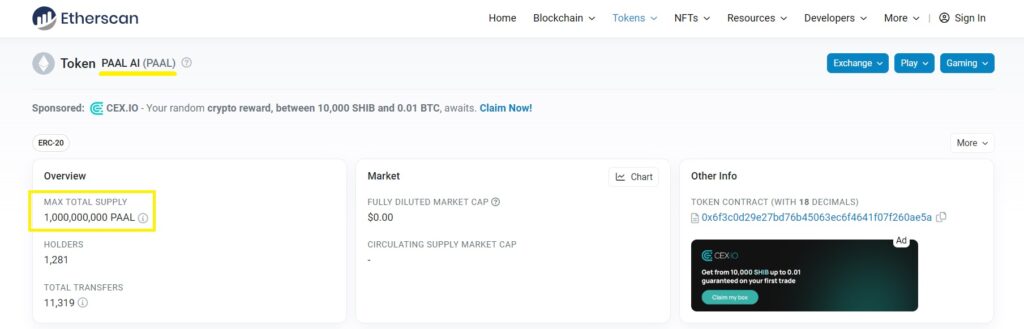 PAAL-AI-crypto-token-on-Etherscan
