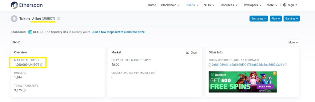 Unibut-crypto-token-total-supply-on-Etherscan