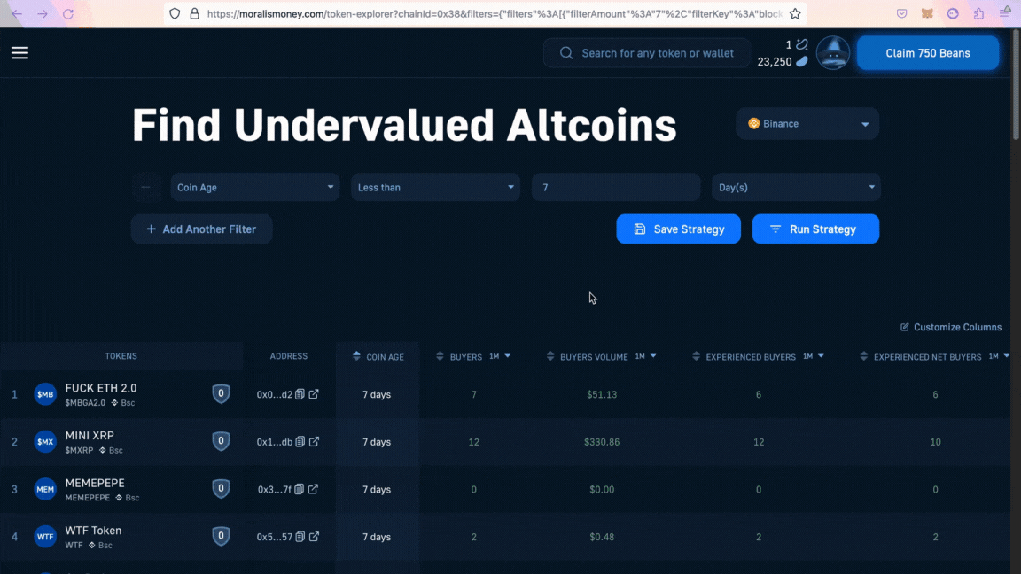 Saving search query as a new strategy called "New Binance Listings"