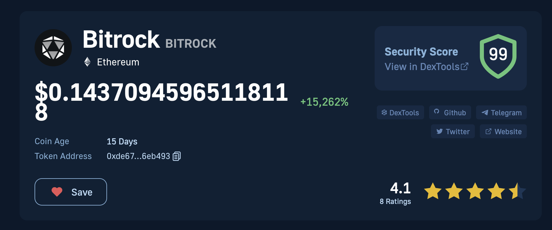 price data, ratings, and alpha metrics of the Bitrock crypto token page from Moralis