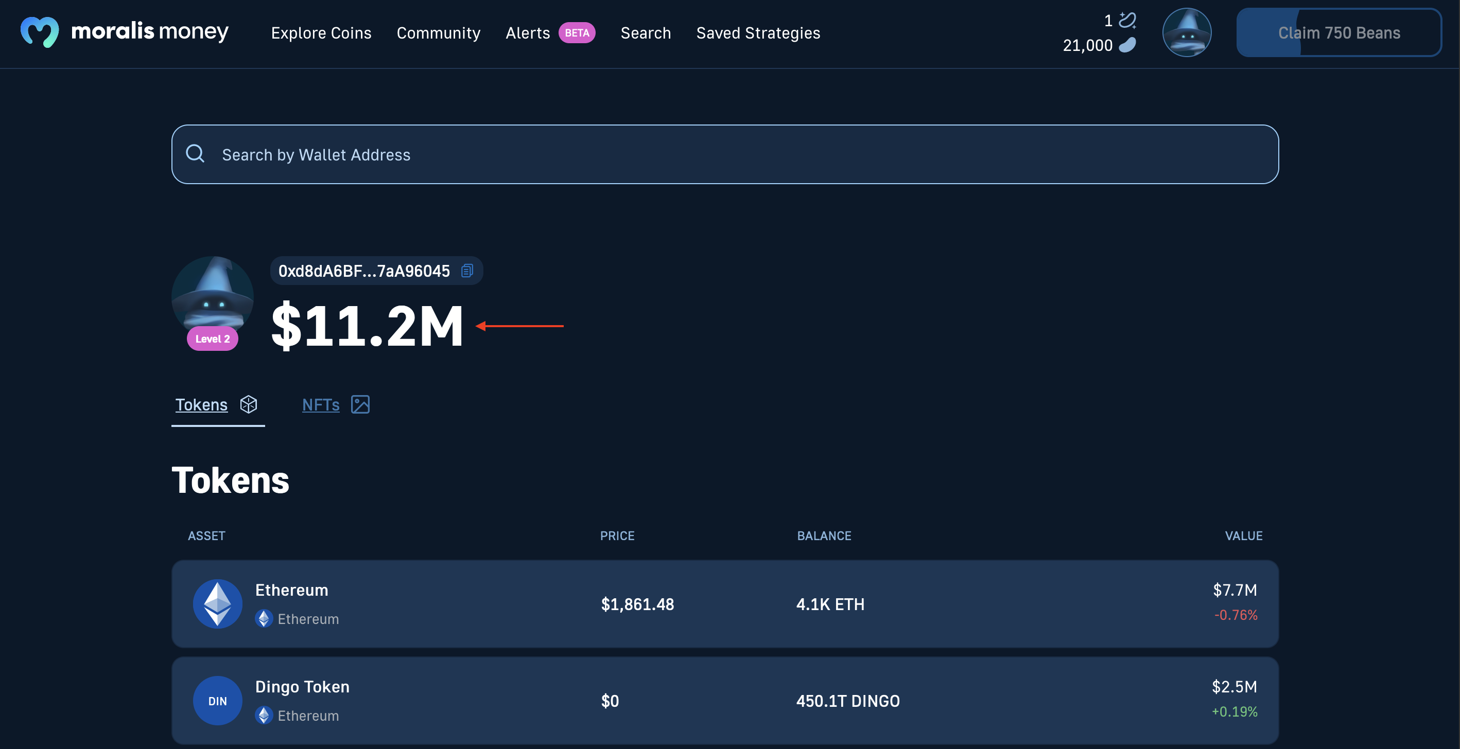 Cryptocurrency portfolio balance page