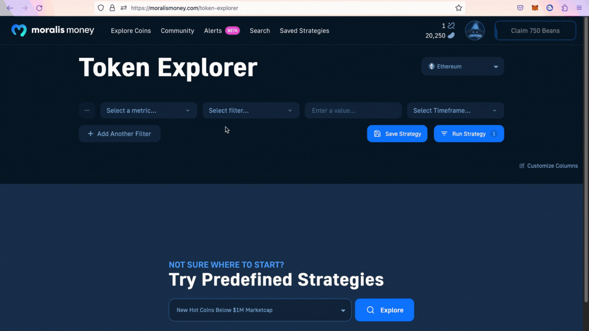 GIF showing how to use Moralis Token Explorer as one of the first crypto trading tips