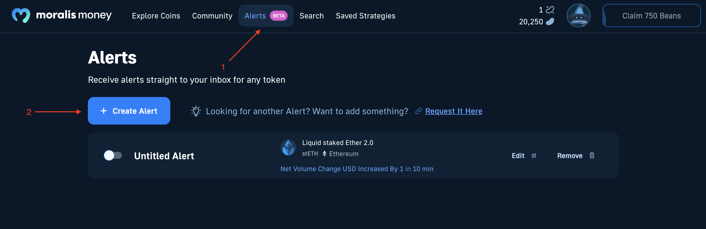 Crypto Trading Tips Number 2: Use Moralis Token Alerts - Image shows how to set up alerts