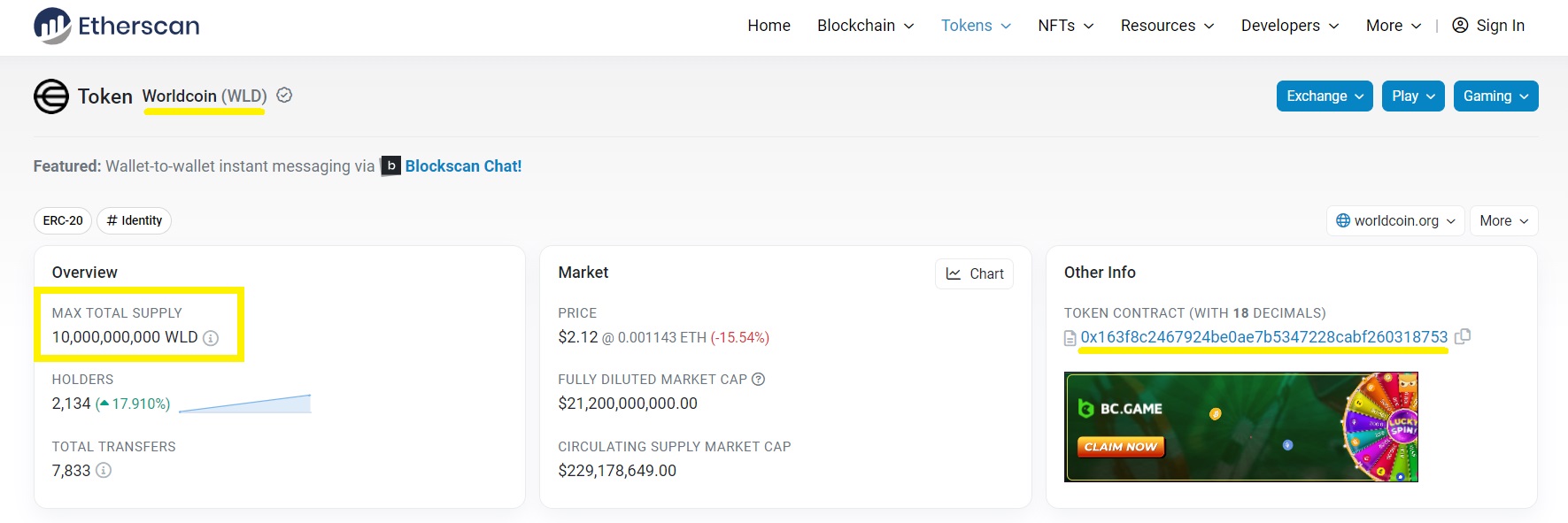 Exploring Sam Altman's Worldcoin Crypto Project and WLD Token-on-Etherscan