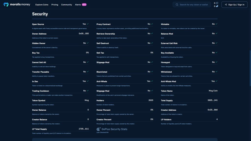 $MOG-Moralis-Money-token-page-smart-contract-security-section