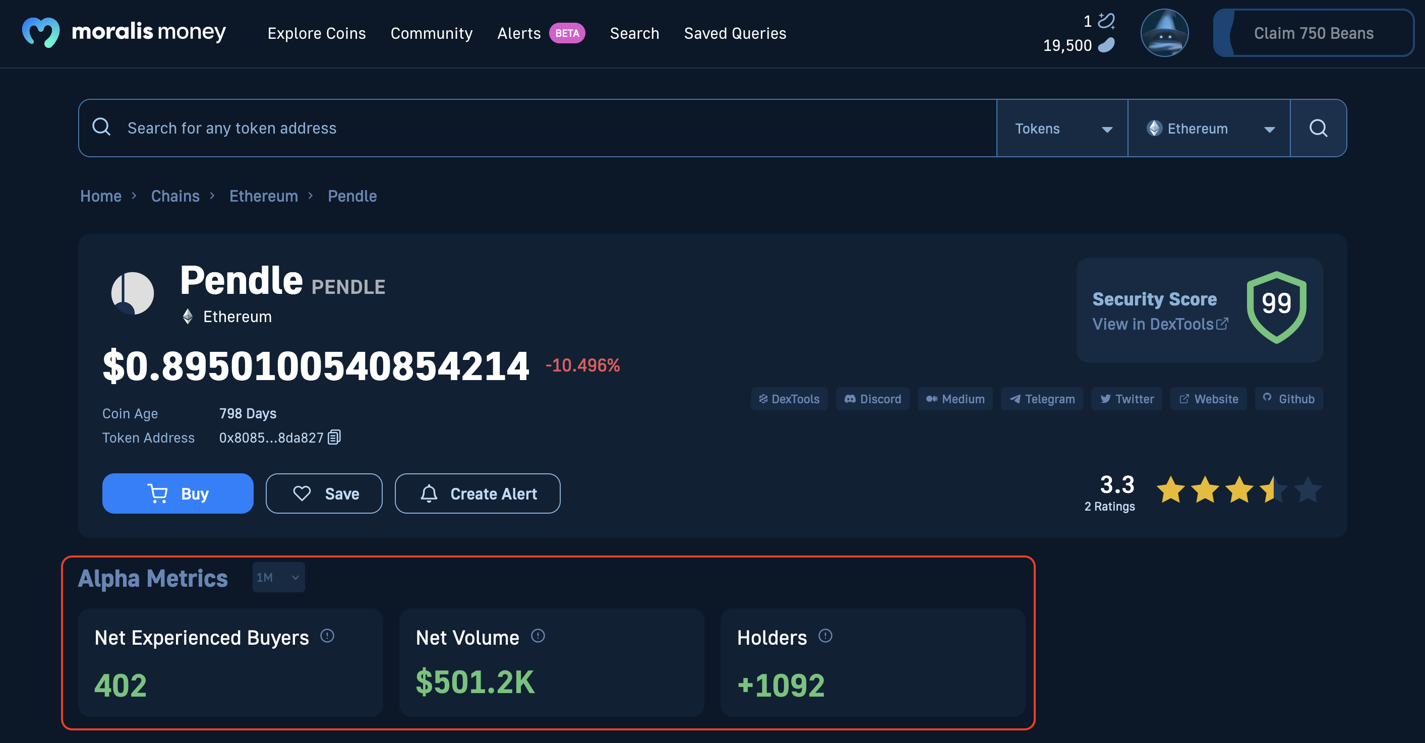 Tokenomics graph of the PENDLE crypto coin, inluding metrics like Net Volume and Asset Holders