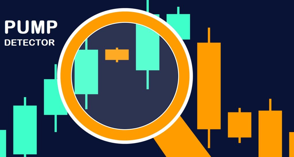 Price chart showing a magnifying glass illustrating crypto pump signals and how to find them