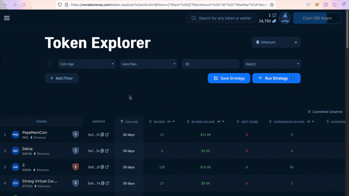 GIF showing how to add the Security Score and Net Volume metrics when looking for up and coming crypto