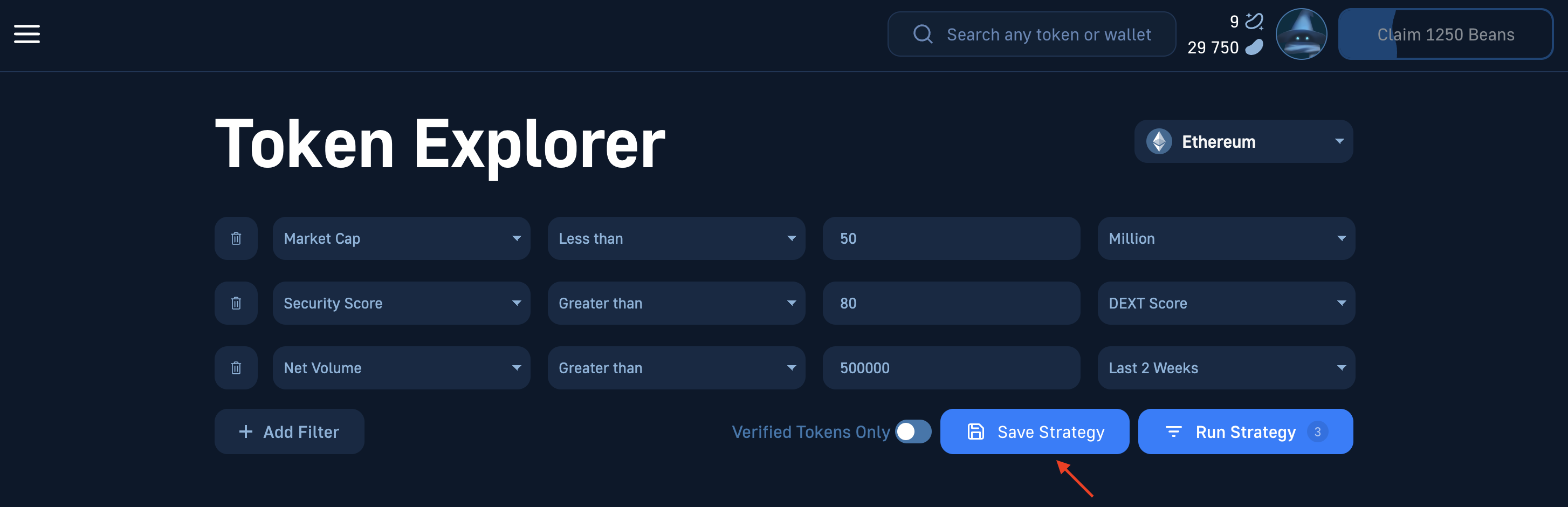 Saving a search query on moralis's crypto market scanner