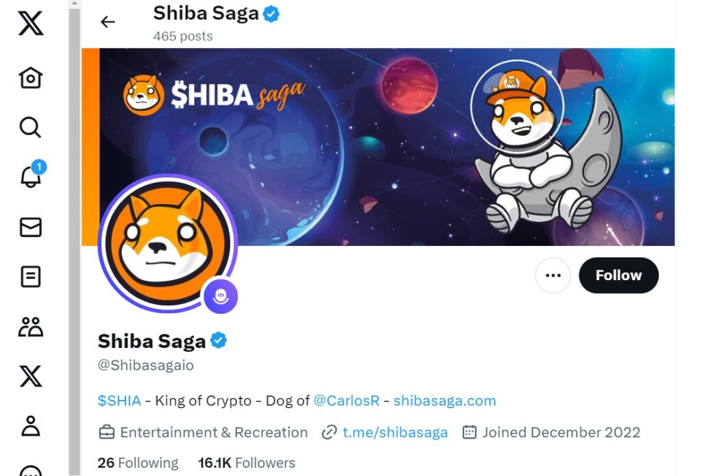 Shiba Saga X (formerly Twitter) account page