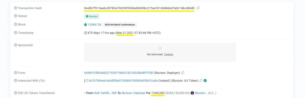 Etherscan transaction pages of the ILV coin