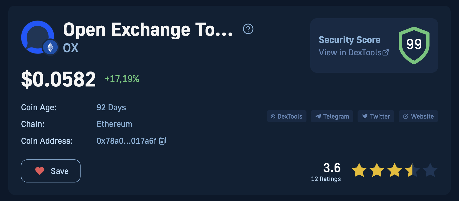 Alpha metrics displayed for the OX coin from the OPNX crypto platform