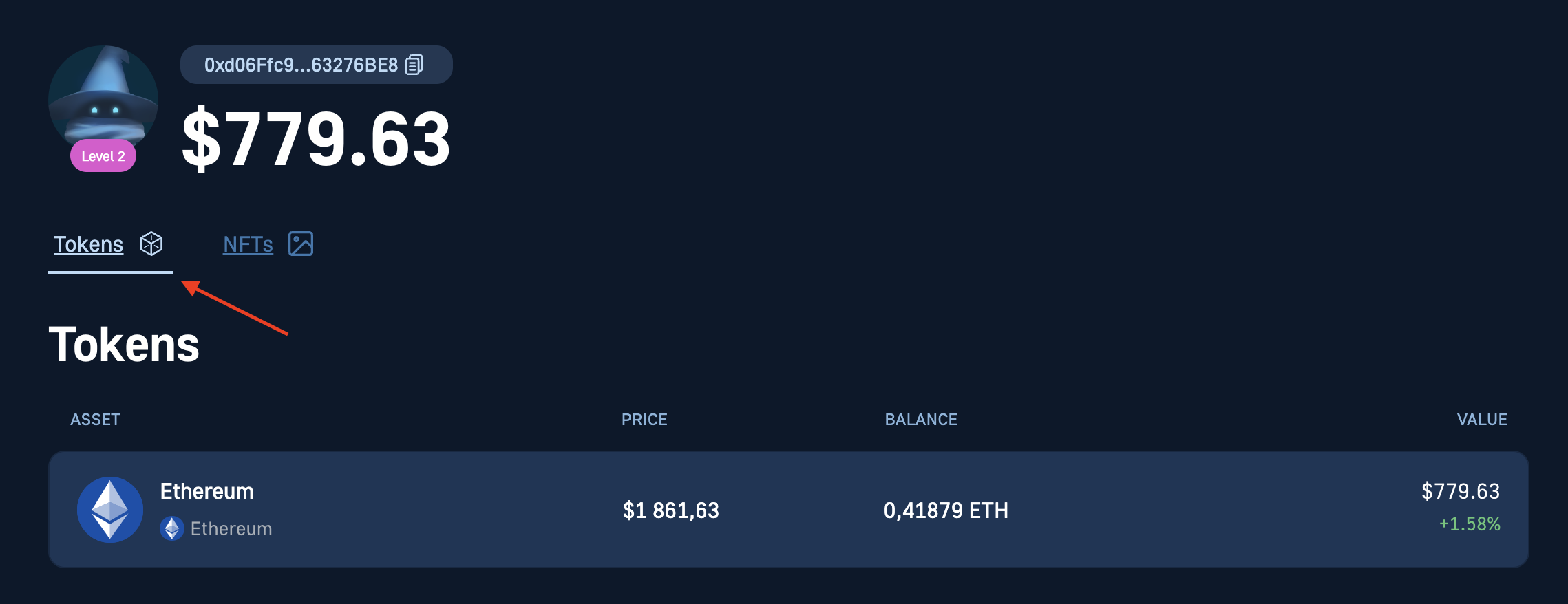 On the tokens tab, you can see balances of tokens across multiple networks