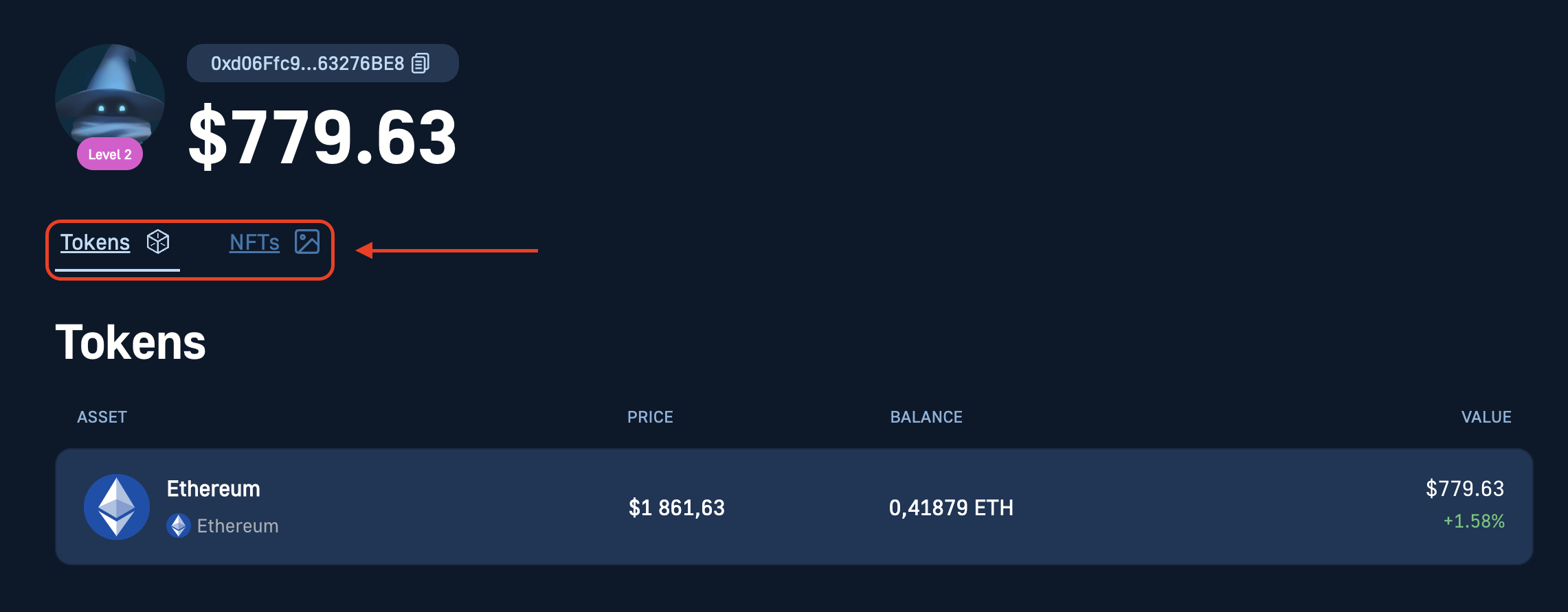 Token tab showing a crypto wallet's balance