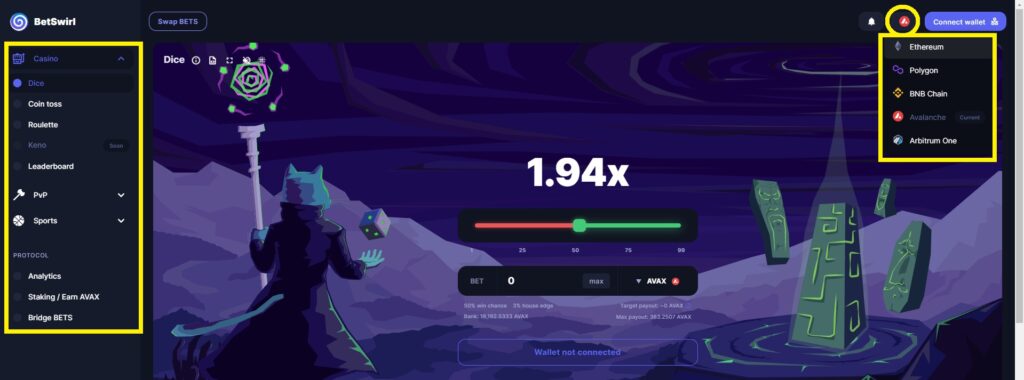 UI of the BetSwirl dapp and game