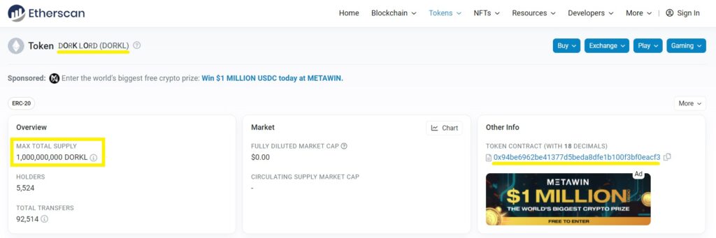 Etherscan page of the DORKL token