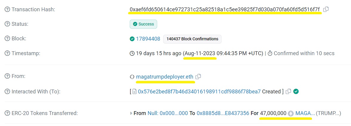 MAGA TRUMP crypto token minting tnx on Etherscan