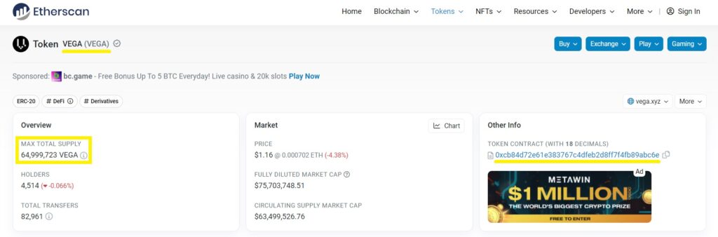 Vega-token-on-Etherscan