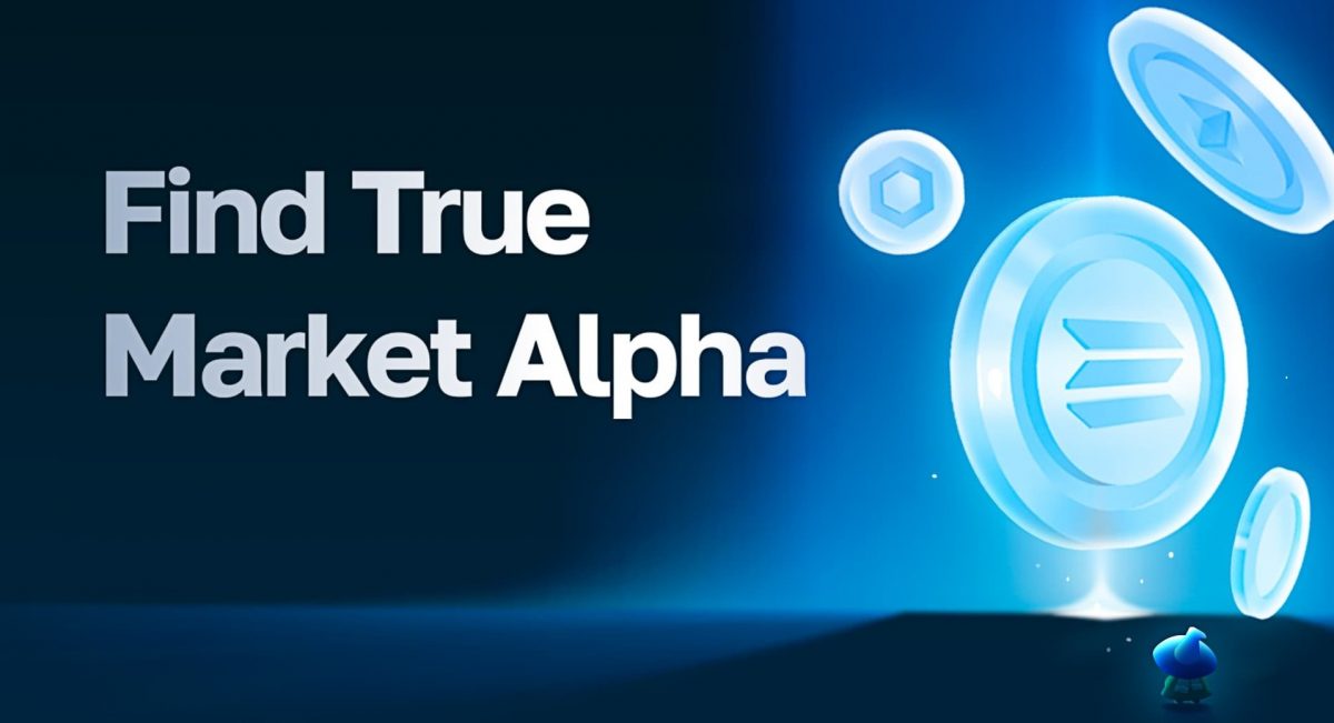 Moralis Marketing Material Banner - Wizard looking at a text stating "find true market alpha"