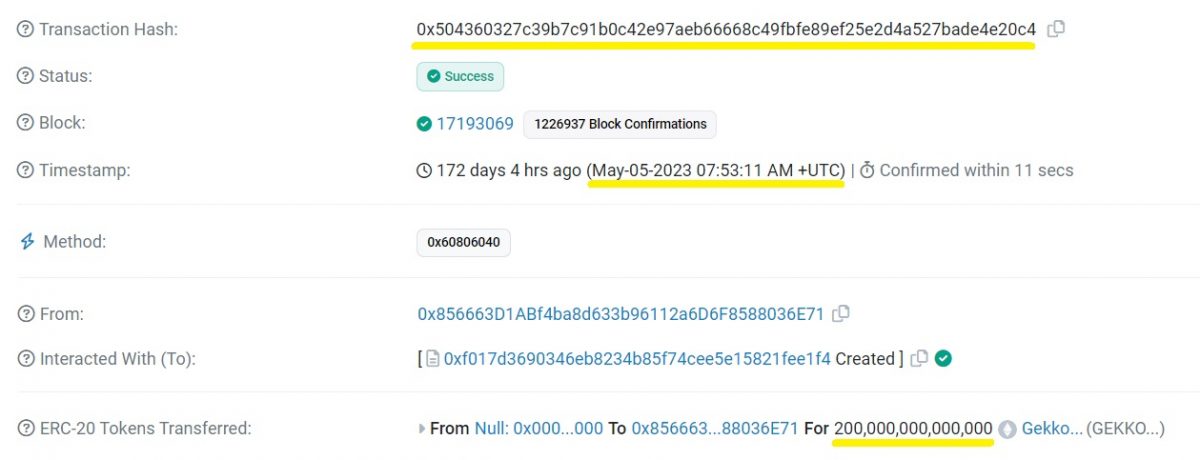 Etherscan minting transaction details for the GEKKO meme coin