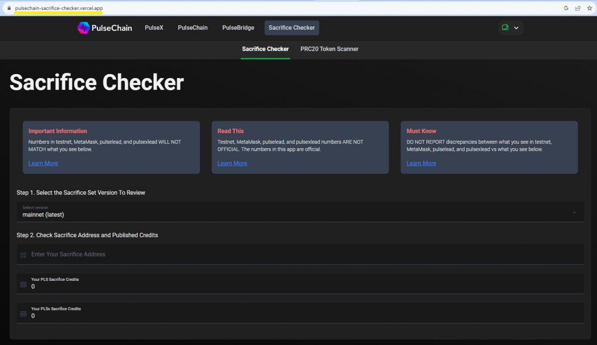 PRC20 Sacrifice Checker Tool Landing Page