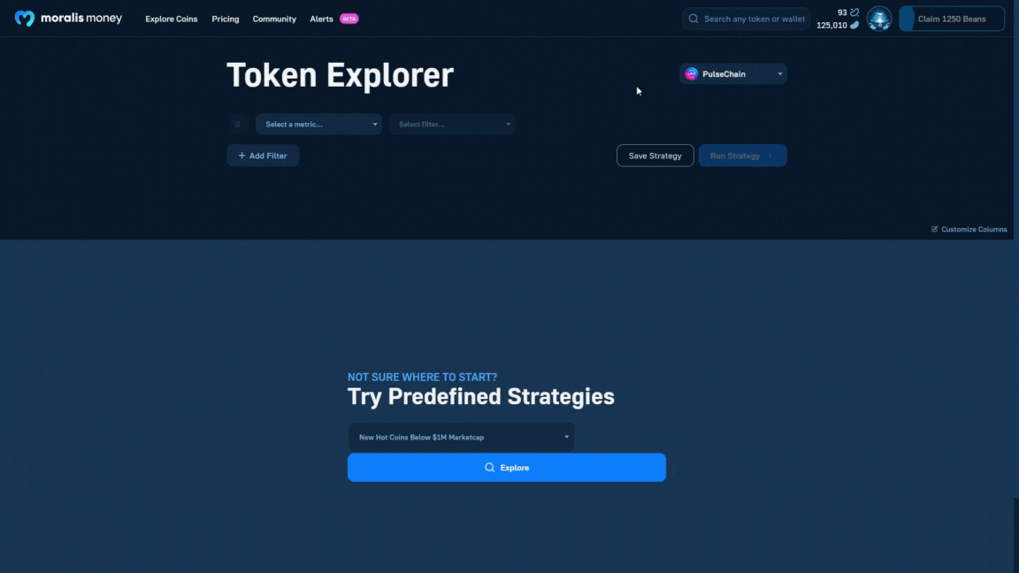 GIF illustration - how to access Moralis Token Explorer to find PulseChain coins and projects with potential