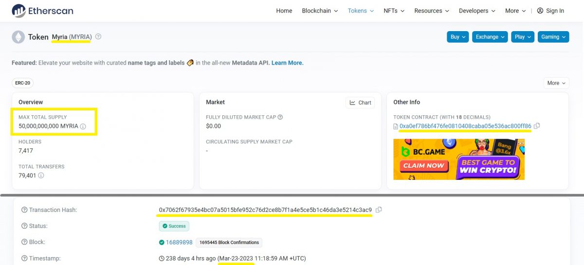 Myria token Etherscan page - showing tokenomics and on-chain data