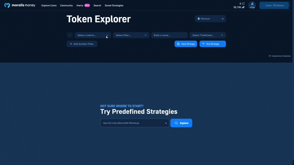 GIF - Showing how to find crypto to explode in 2024 using Moralis Token Explorer