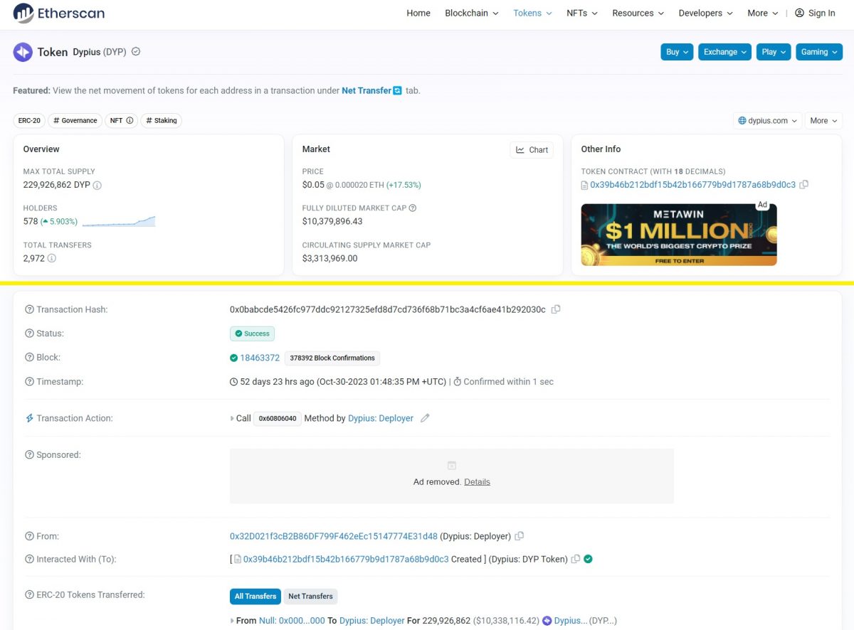 Dypius Crypto token - tokenomics-Etherscan