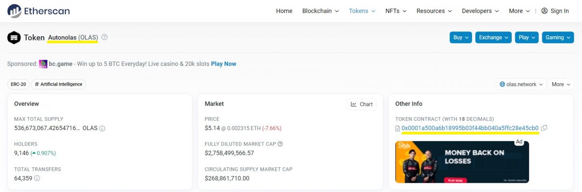 Autonolas OLAS crypto tokenomics Etherscan